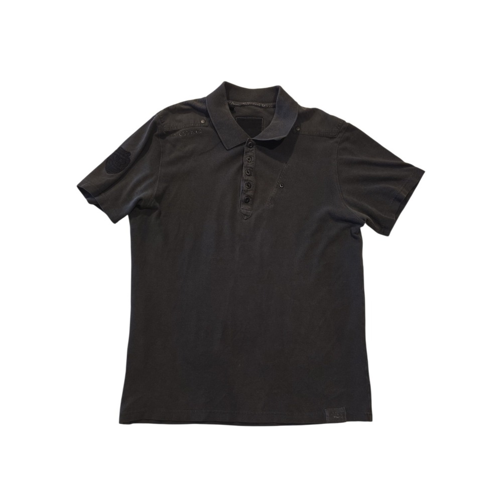 7 Diamonds Polo Shirt Mens L Black Charcoal Faded Moto Military Patch Streetwear